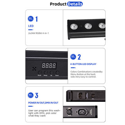 24x2W RGBW 4-in-1 LED γραμμική μπάρα πλυντηρίου τοίχων DMX512 Ηχητικά ενεργοποιημένο φως πλύσης σκηνής για κτίρια και εκδηλώσεις