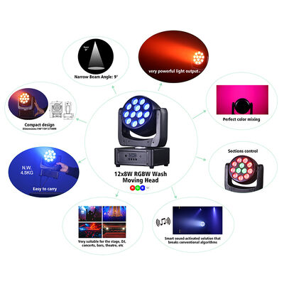 Ζεστή πώληση 12pcs 8W RGBW 4in1 Mini LED Beam Wash Moving Head Light DMX Control Sound Active Stage Lamp για νυχτερινό κλαμπ KTV